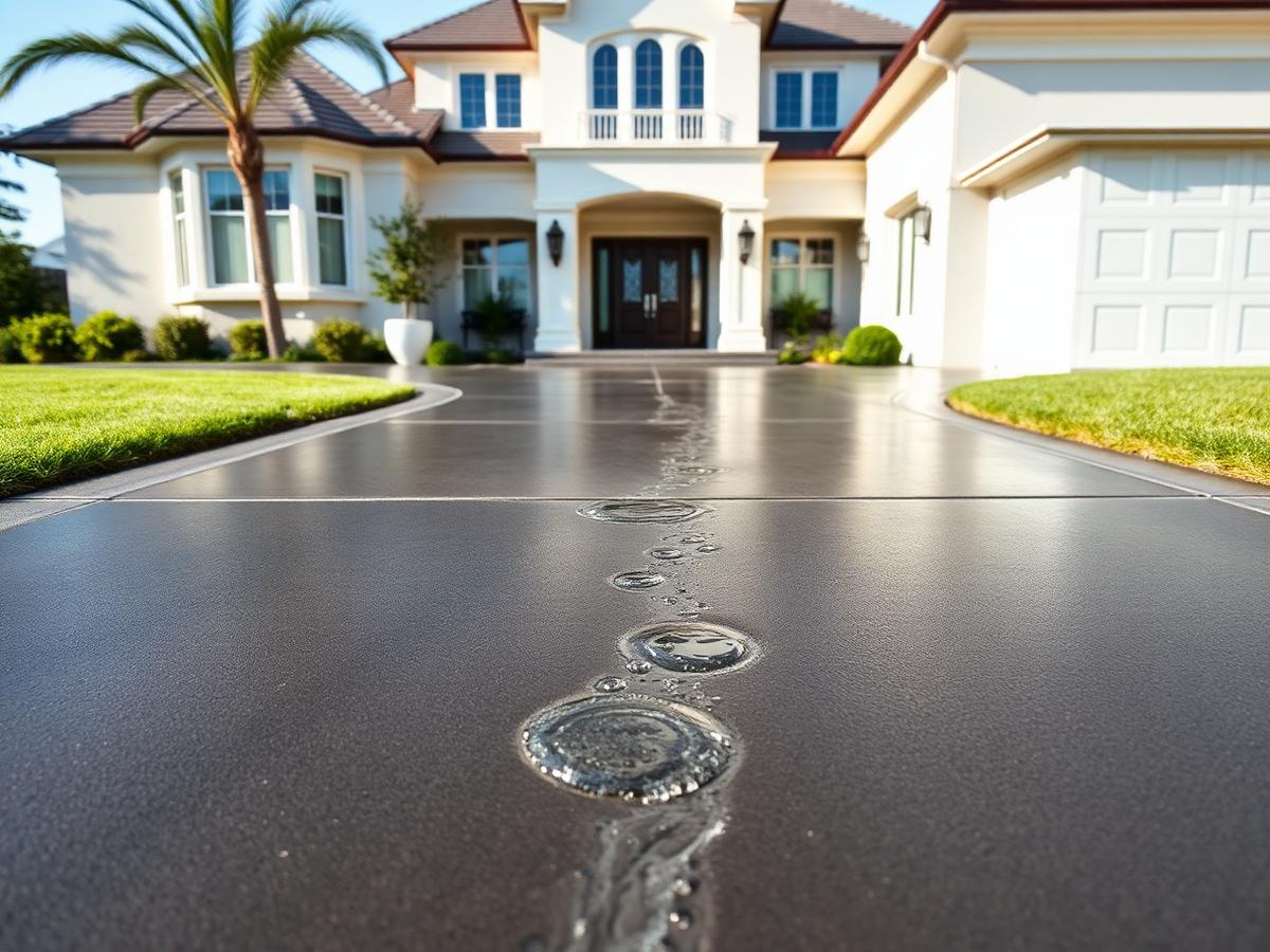 Sealed concrete driveway with water beading on surface